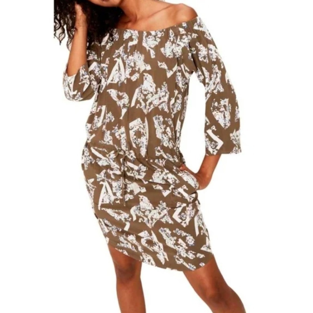 Lole Off-The-Shoulder Dress Womens Small Olive Green Abstract Floral Pockets